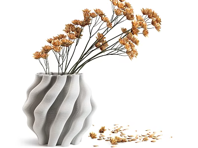 White Wavy Textured Vase With Dried Orange Flowers And Scattered Petals 3d model