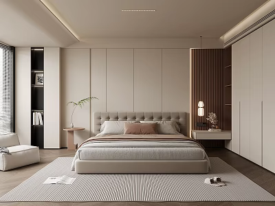 Modern Minimalist Bedroom Interior Design With Plush King Bed Nightstands And Wooden Accents Rug 3d model