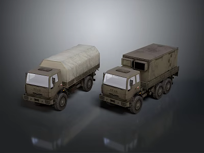 Two Military Green Trucks With Canvas Cover And Cargo Container Design 3d model