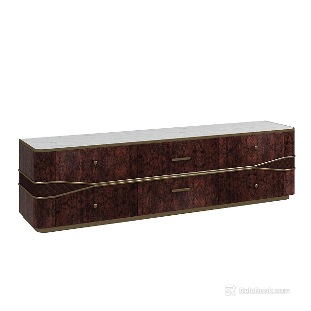 Elegant Dark Brown TV Stand With Wooden Texture Gold Metal Accents And Drawers 3d model 