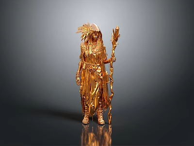 Golden Woman Statue In Ornate Clothing With Feather Headdress Holding Long Staff 3d model
