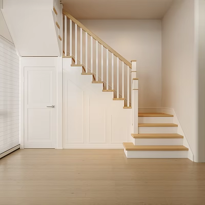 Modern Staircase With Wooden Steps White Balusters White Walls Light Wooden Floor And Natural Light 3d model