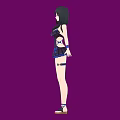 Green Haired Woman in Stylish Black and Blue Outfit Against Purple Background