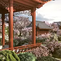 Ancient Chinese Architecture Courtyard With Red Columns Carved Windows And Blossoming Trees