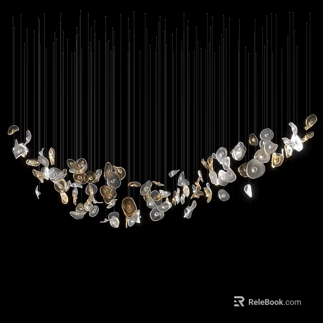 Modern Hanging Wall Decor with Gold Silver Petal Shaped Ornaments in Curved Arrangement 3d model 
