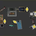 Pixel Style Scene Components Including Stone Structure Workbench Glowing Pillars Chests Pool And Weapon 3d model