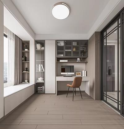 Modern Study Room Interior With Desk Chair And Built In Shelves 3d model