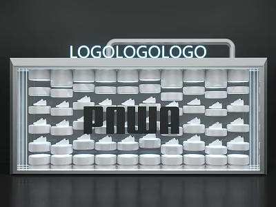 Transparent Display Case With LED Logo Sign And White Cones POWA Branding 3d model