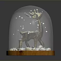 Glass Dome Decorative Display With Brass Deer Figurine Wooden Base And Seashells