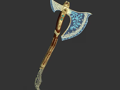 Ornate Decorative Axe With Blue Patterns Gold Accents And Gemstone Inlays 3d model