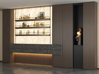 Modern Wine Cabinet With Glass Shelves Marble Countertop And Wooden Cabinetry Lighting 3d model