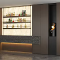 Modern Wine Cabinet With Glass Shelves Marble Countertop And Wooden Cabinetry Lighting