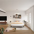Cozy Bedroom Interior With Double Bed Decorative Paintings Round Mirror And Wooden Floor