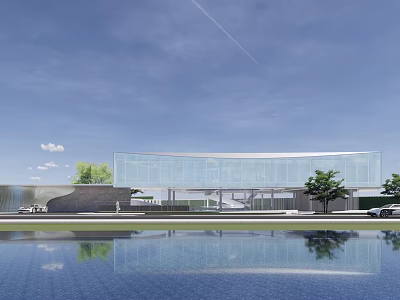 Blue Sky Above Modern Glass Building with Water Pool Reflection and Green Trees 3d model