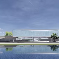 Blue Sky Above Modern Glass Building with Water Pool Reflection and Green Trees