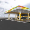 V OIL Modern Gas Station With Yellow Roof Colorful Striped Canopy And Fuel Pumps