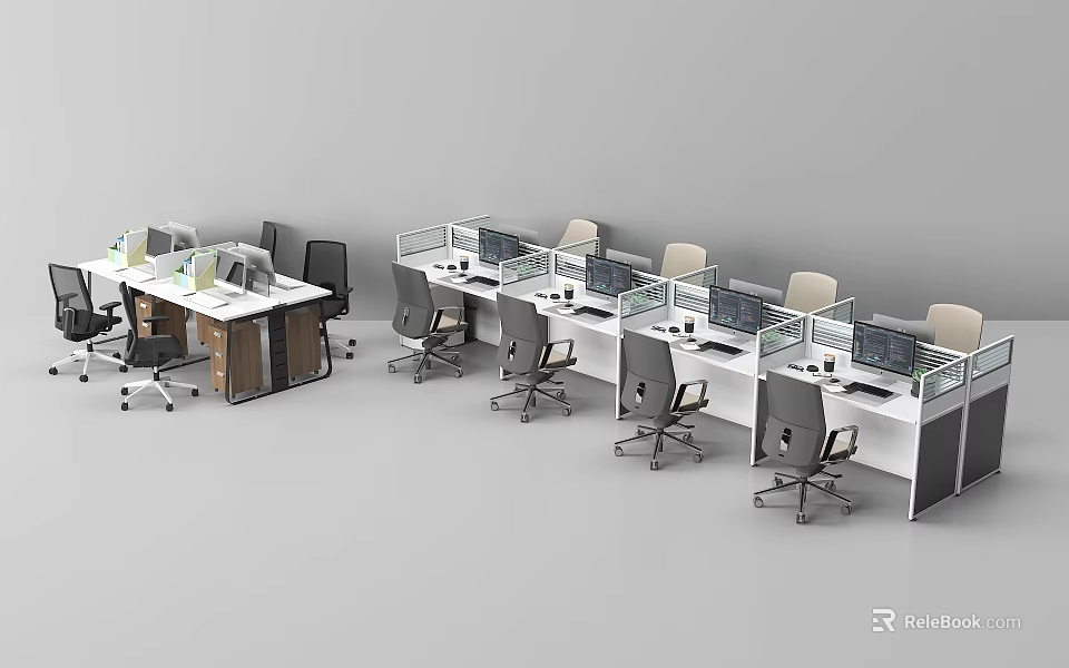 Modern Office Workspace With Multiple Desks Computers Dividers And Black Chairs 3d model