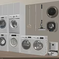 Modern Stackable Wall Mounted and Compact Washing Machines In Laundry Room With Cleaning Tools 3d model
