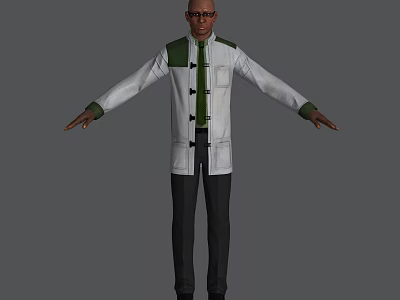 A Man Wearing Glasses In White Coat With Green Collar And Black Pants Arms Outstretched 3d model