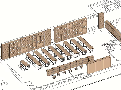 Spacious Classroom Interior Layout With Neatly Arranged Desks Chairs And Bookshelves 3d model