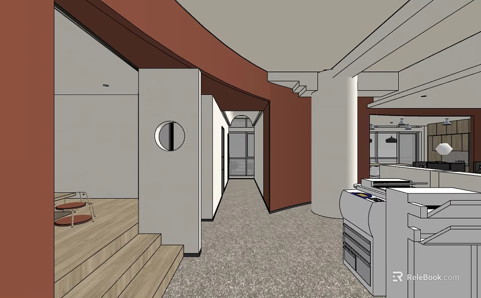 Modern Office Interior With Curved Brown Walls Columns And Wooden Flooring 3d model 
