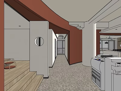 Modern Office Interior With Curved Brown Walls Columns And Wooden Flooring 3d model