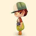 Cartoon Boy Wearing Green Cap And Red Shirt Carrying Green Bag With Cat In Yellow Boots