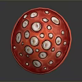 Colorful Decorative Mushroom with Red Cap White Spots and Yellow Spiral Stem on Gray Background