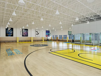 Modern Basketball Gym Interior With Wooden Floor Yellow Lines Blue HOOPS Text And Hanging Lights 3d model