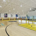 Modern Basketball Gym Interior With Wooden Floor Yellow Lines Blue HOOPS Text And Hanging Lights