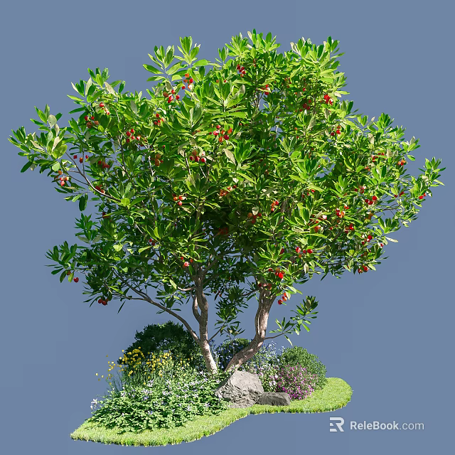 Lush Tree With Green Leaves Red Fruits And Surrounding Flowers Grass Stone 3d model 
