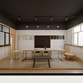 Kindergarten Learning Space With Large Wooden Table Small Stools And Children's Paintings On Wall