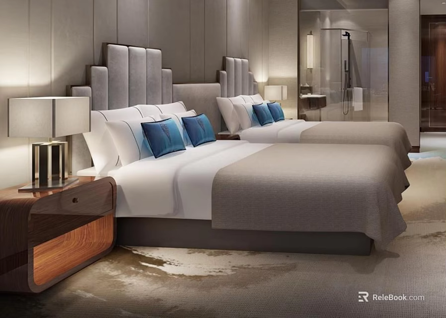 Modern Bedroom With Double Beds Upholstered Headboards White Bedding Blue Pillows Nightstands With Table Lamps 3d model 