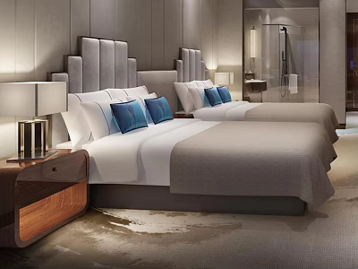 Modern Bedroom With Double Beds Upholstered Headboards White Bedding Blue Pillows Nightstands With Table Lamps 3d model