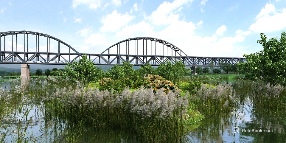 Scenic River Landscape With Reeds Lush Greenery Steel Bridge And Blue Sky 3d model 