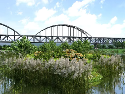 Scenic River Landscape With Reeds Lush Greenery Steel Bridge And Blue Sky 3d model
