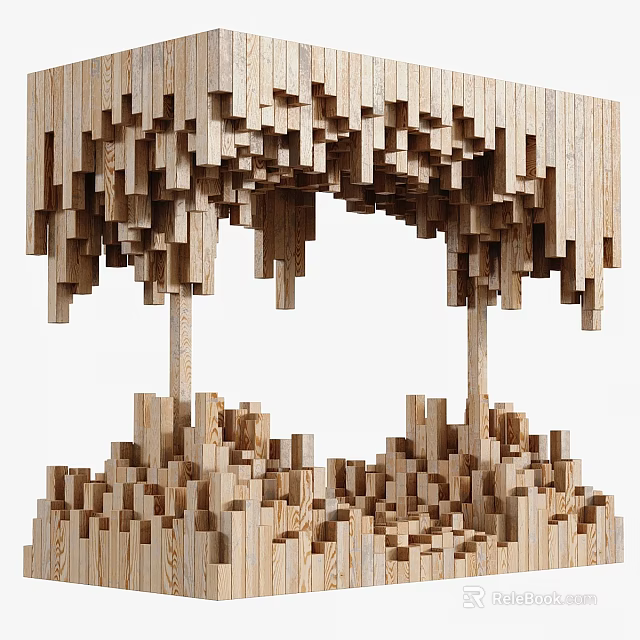 Artistic Wooden Sculpture Carving with Stacked Blocks and Suspended Layered Design 3d model 