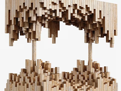 Artistic Wooden Sculpture Carving with Stacked Blocks and Suspended Layered Design 3d model