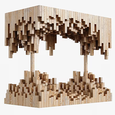 Artistic Wooden Sculpture Carving with Stacked Blocks and Suspended Layered Design 3d model