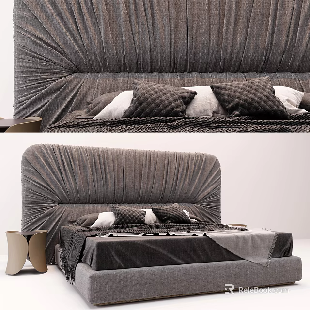 Gray Pleated Velvet Double Bed With Plaid Pillows And Dark Bed Sheets 3d model 