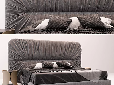 Gray Pleated Velvet Double Bed With Plaid Pillows And Dark Bed Sheets 3d model