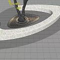 Curved Tree Planter with Speckled Surface on Grid Patterned Floor and Tree