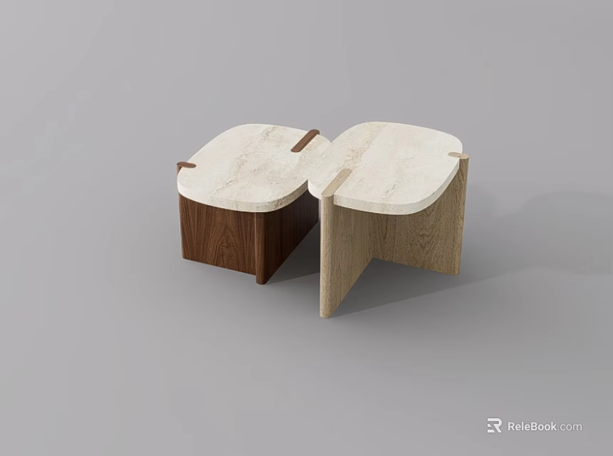 Modular Coffee Tables With Light Stone Tops And Walnut Oak Bases 3d model