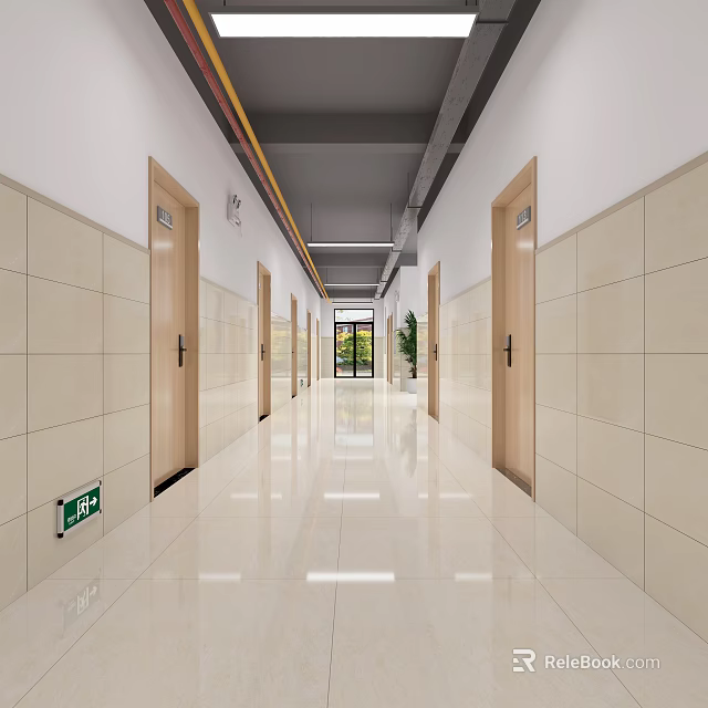 Elevator Corridor With Light Tiled Walls Wooden Doors And Greenery 3d model 