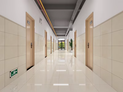 Elevator Corridor With Light Tiled Walls Wooden Doors And Greenery 3d model