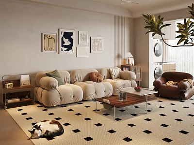 Soft Cream Sofa And Wooden Coffee Table Combination For Cozy Modern Living Room Design 3d model