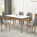 Modern Wooden Dining Table Set With Gray Chairs Green Plant And Wall Art