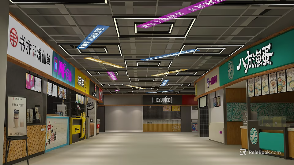 Indoor Commercial Space With Colorful Light Strips Storefronts And Spacious Corridor 3d model 