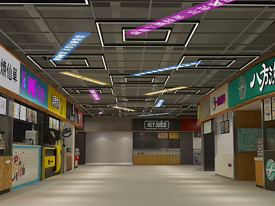 Indoor Commercial Space With Colorful Light Strips Storefronts And Spacious Corridor 3d model