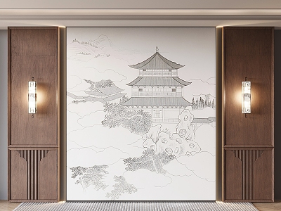 New Chinese Style TV Background Wall Middle Ancient Style Pavilion and Pavilion Wall Cloth Sofa Background Wall New Chinese Style Wall Lamp 3d model